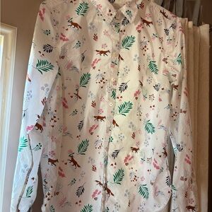 Boden White Blouse with Green and Pink Leaf Print